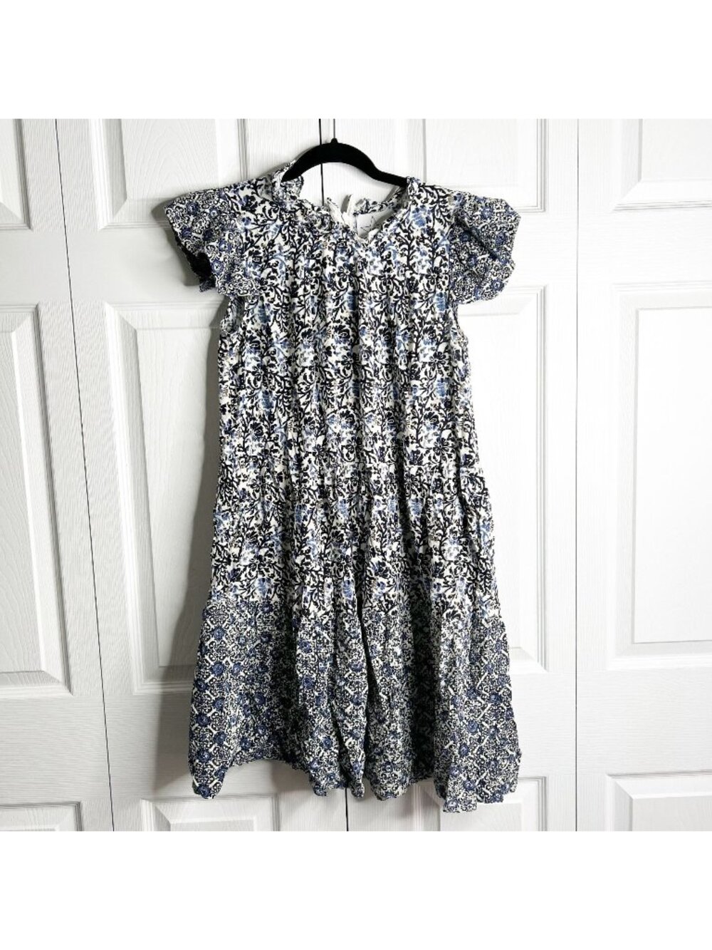 Area Stars Vine Blue White Floral Print Ruffle Dress Women's Size Small S